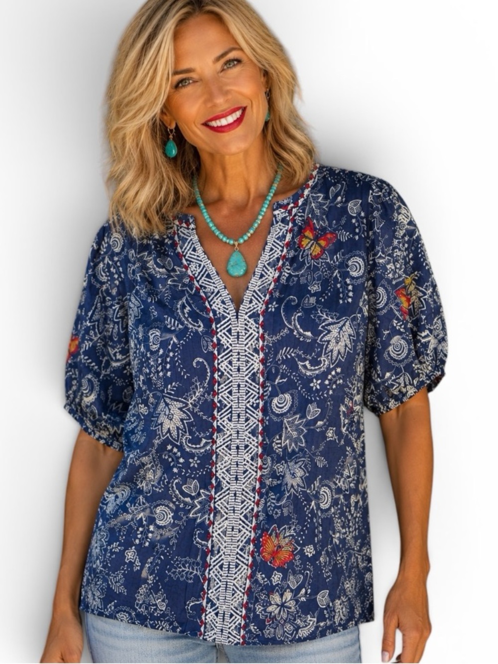 Johnny Was Midnight Butterfly embroidered puff sleeve blouse NWT